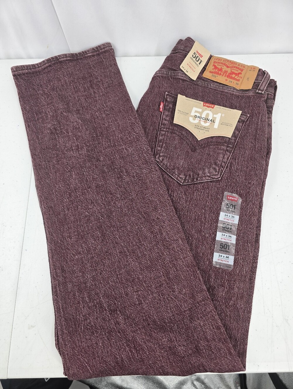 NWT Levi's 501 Jeans Washed Burgundy Button Fly Denim Men's Size 34x36 Stretch.